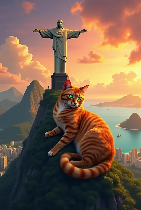 An artistic and surreal postcard illustration depicting Rio de Janeiro, Brazil. The iconic Christ the Redeemer atop Corcovado is transformed into a unique scene: a gigantic ginger cat lounges majestically on the monument. The cat is detailed, with bright g...