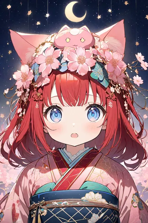 An anime-style illustration of a young female character with vibrant red hair styled straight and medium length, with a pink floral headband featuring cherry blossoms on her head. She has adorable pink cat ears that blend seamlessly with her hair. Her expr...