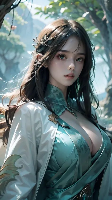 fantasy world，Sea of Trees，precise,illustration， Handsome， Ancient Dragon Knight Women，Bangs,  long hair , Big breasts， cleavage，  high detail, split lens, , 