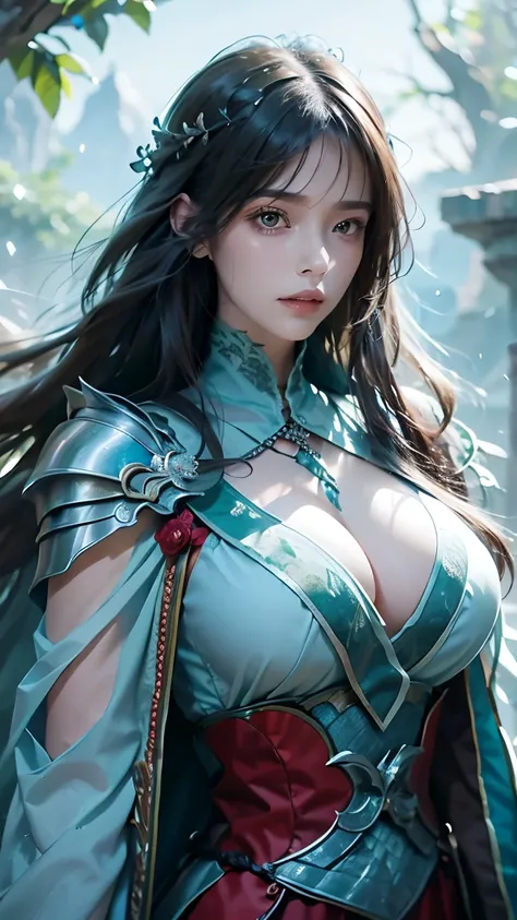 fantasy world，Sea of Trees，precise,illustration， Handsome， Ancient Dragon Knight Women，Bangs,  long hair , Big breasts， cleavage，  high detail, split lens, , 