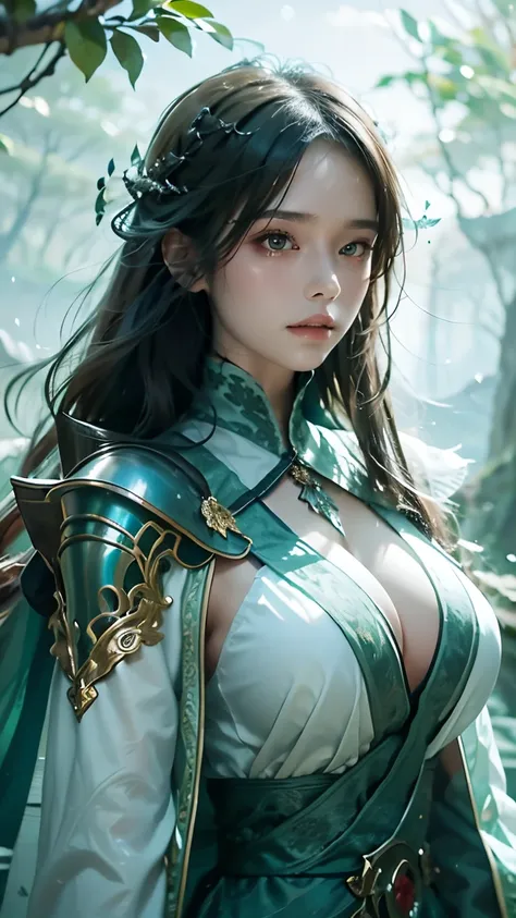 fantasy world，Sea of Trees，precise,illustration， Handsome， Ancient Dragon Knight Women，Bangs,  long hair , Big breasts， cleavage，  high detail, split lens, , 