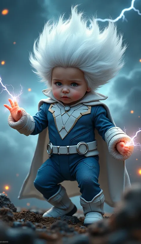 An ultra realistic baby wearing the costume of the character Storm from X-Mam