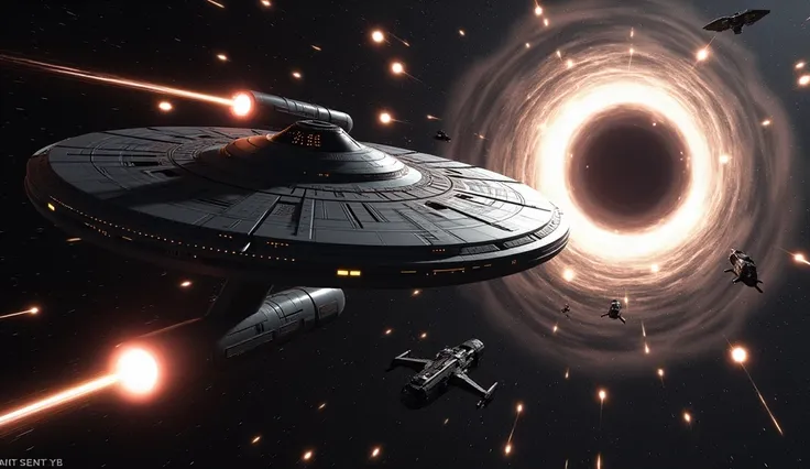 Star Trek war going on in space uss enterprise fighting war against alien spaceship in space.  Black whole in background. 