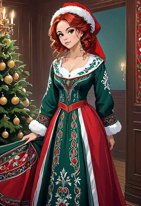 "A young, elegant woman envisioned as a youthful and cheerful Mrs. Claus, blending features of Nathalie Emmanuel and Chloe Bennet. She has vibrant auburn hair styled beautifully and exudes joy, elegance, and festive warmth. cleavage. soft pillowy breasts. ...