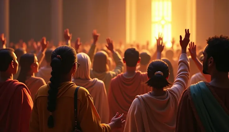 Create a 3D image that illustrates the scene of the church praying fervently for Peter. Show a diverse group of people in a warm, bright environment, with expressions of faith and determination on their faces. Some should have their hands raised to heaven,...