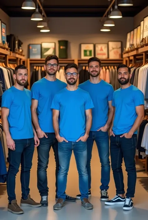  5 Casual clothing store vendors looking at the camera for the photo  ,with uniforms of matching full blue t-shirts without branding and in the background inside a clothing store 