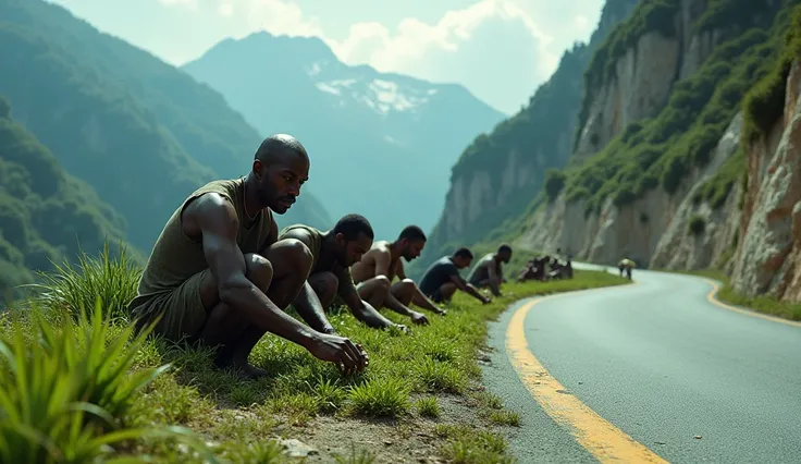 Several people are eating grass growing on a mountain road. People are eating grass growing on the side of the road. Reality, high definition, real photos.