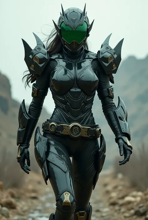 **(( create an image about a character walking in an apocalyptic landscape ))**  Create a female Kamen Rider ,  in the center of the chest using monstrous armor representing the number 05,  with blades shaped like blades on the shoulders ,  elbow and knee ...