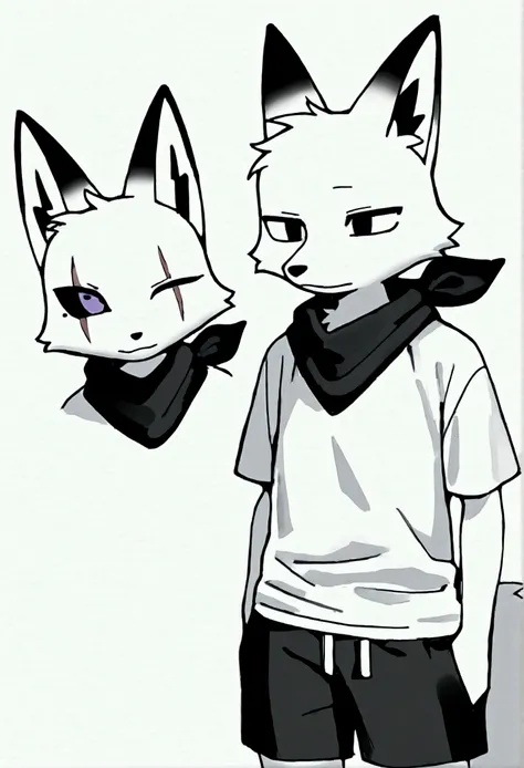  A furry male adolescent fox with white fur  ,    having a dark blue eye and a black eye and being tall and thin and having a scar on one eye in the color black    ,    having short male hair    ,    and wearing a black scarf around his neck and wearing a ...