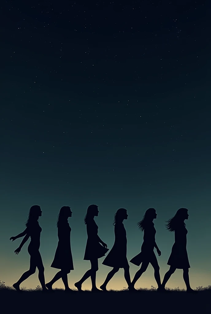  Minimalist drawing of silhouettes of women walking like The Beatles on a dark and starry night ,  The subject of the image is  "What your feet dont count ",
 The feet are a powerful metaphor for the path we choose in life ,  of the decisions we make and t...