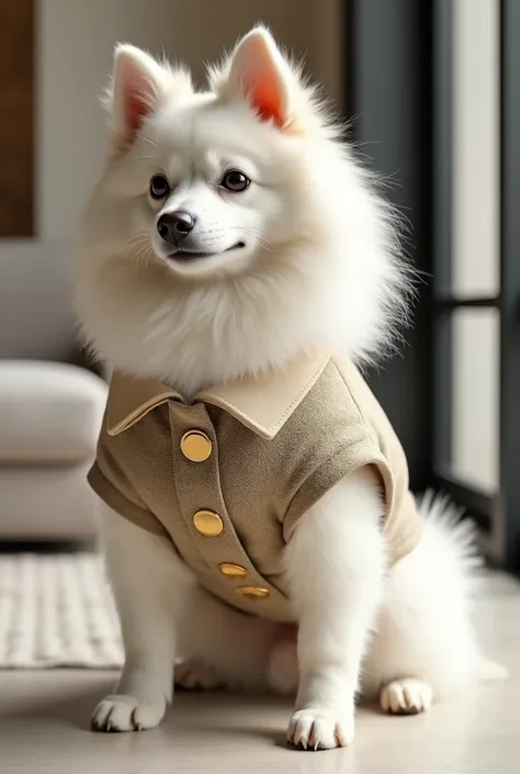 Spitz breed dog wearing Channel dress
