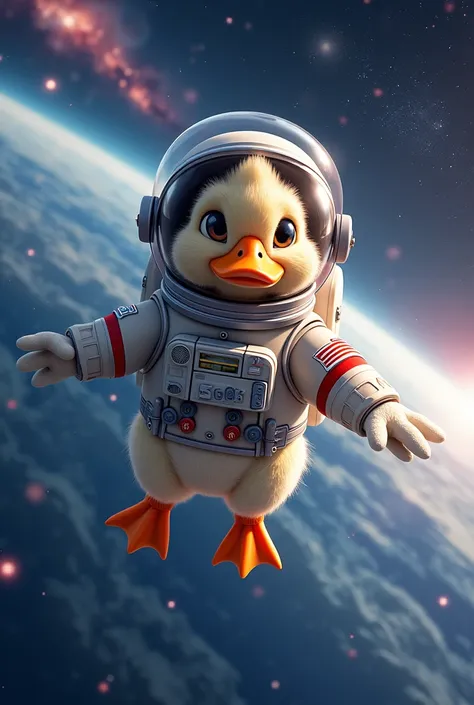 Drawing: Astronaut duck floating in space. manga, 2d,  realistic 