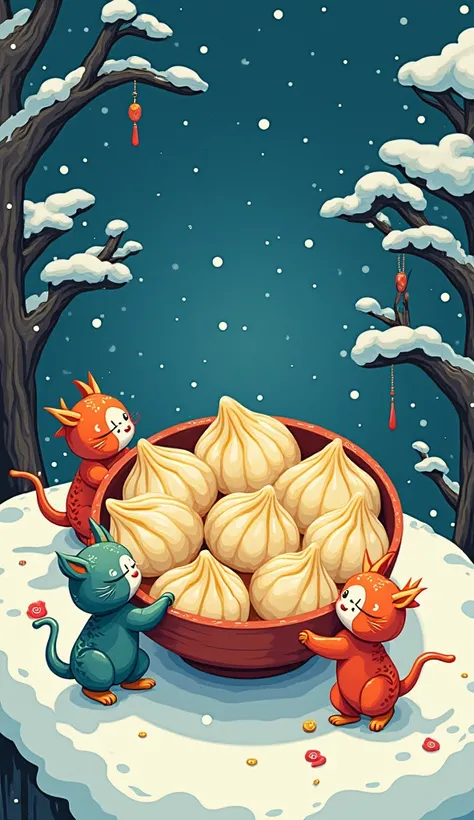 The background is a bowl of giant dumplings in the winter snow, with two or three ren playing around, surrounded by thick snow. Snow is falling from the sky, the illustration is in a flat style with colored lines. Chinese mythology. This is an imaginative ...