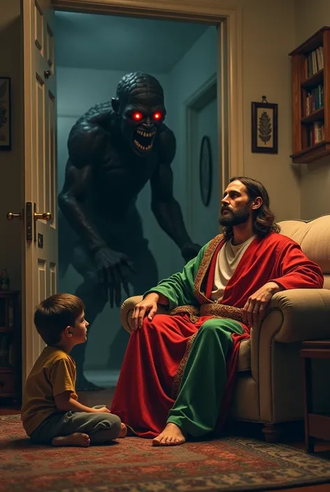 Photo from inside the house, Jesus is sitting on a sofa wearing a red green robe and there is a boy on the floor. There is a black monster with red eyes at the door.