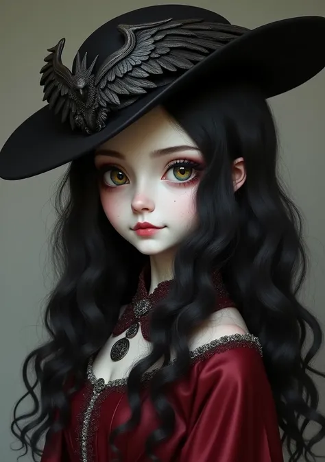 A girl with pale white skin and long, wavy dark hair that has a single white streak. His eyes are gray with a golden glow and a vampiric smile. She wears a dark red dress reminiscent of modern aristocracy that has silver details. She also wears a wide blac...