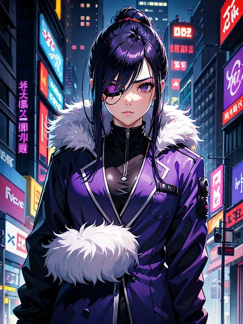 Beauty、 business suit、 fur coat、 black hair、Blue Hair、Purple Hair、 long hair、Eye patch、One Eye、Age 27、 cyberpunk、 face up、night、 sexy