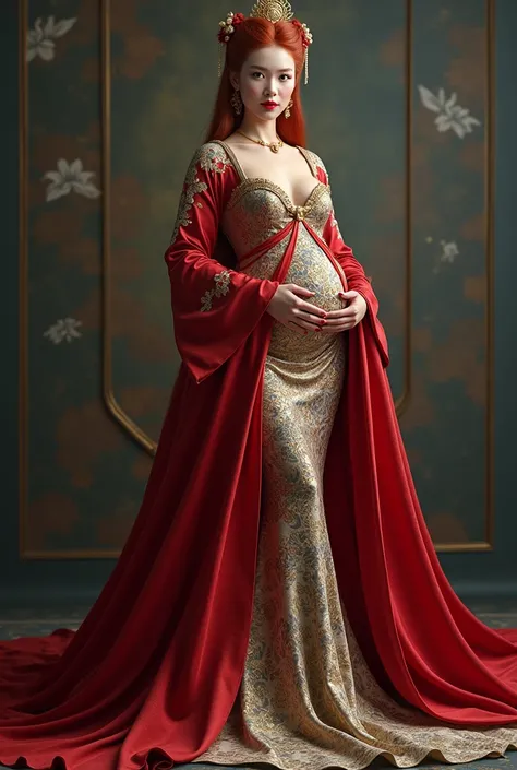  A realistic picture of the whole body from head to foot {x} A realistic picture of the whole body from head to foot must include the entire costume， A young Russian woman standing ，He plays the role of the empress of Korea ，190 cm high ， big  but thin wai...