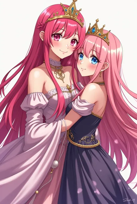 Boku Female Anime , long pink hair, left eye pink,  while the right one blue, dressed as Reyna , Boku Female Anime , long pink hair y negro, left eye pink y negro,  dressed as a princess and with her crown,  embraced by perfect mother and daughter  