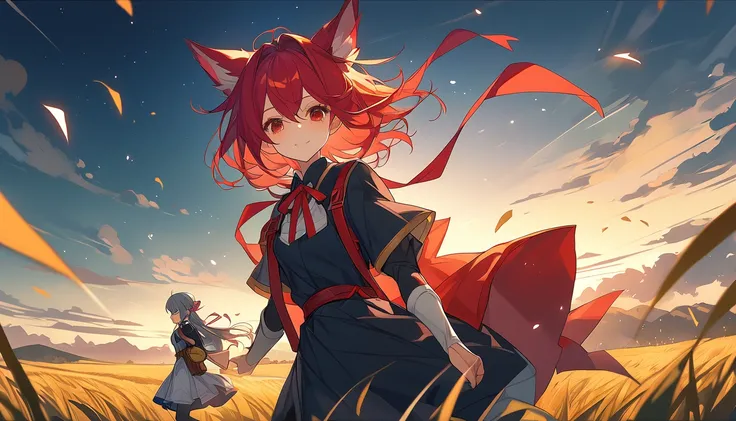 An anime girl with red hair and carrying a rucksack is walking in a field,  anime cover , Nightcore, Ayaka from Genshin Impact , Megumin,  Arknights,  Touhou Project, kagamine Also, Duelist Style,  AYAKA GAME Genshin Impact , genshin, Fox Girl, From desire...