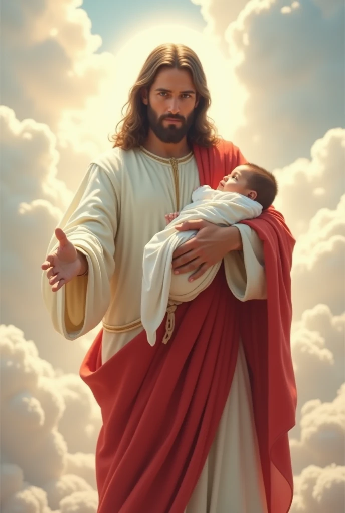 "A full-body depiction of Jesus Christ wearing a white robe with red accents, holding a baby in his arms, and pointing directly at the viewer. The background is filled with soft, white clouds, creating a divine and serene atmosphere. The image should be hi...