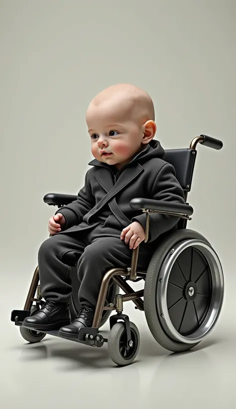 A bald baby in an ultra realistic image in a wheelchair wearing the clothes of Professor Xavier from X-Mam 