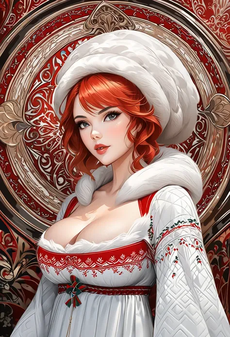 "A young, elegant woman envisioned as a youthful and cheerful Mrs. Claus, blending features of Masiela Lusha, Nathalie Emmanuel and Chloe Bennet. She has vibrant auburn hair styled beautifully and exudes joy, elegance, and festive warmth. cleavage. soft pi...