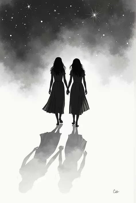  Minimalist drawing of silhouettes of women in dresses walking barefoot and holding hands like The Beatles on a starry night walking forward, To represent that they continue to advance the theme of the image is  "What your feet dont count ",
 The feet are ...