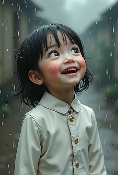  I want the image of a very small girl , about  ,  in white leather, pelo negro corto, with freckles.  Its raining and shes enjoying the rain,  looking up at the sky with a very big smile . 