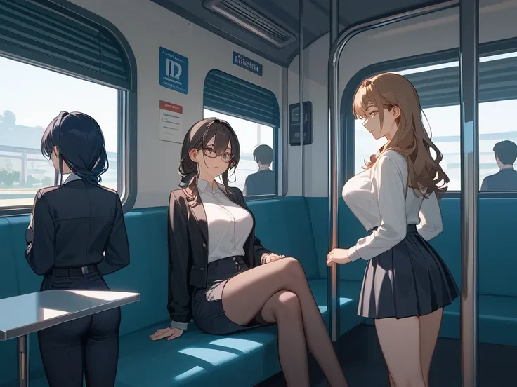 nsfw,  in the train，A lot of girls、 crowded trains near the door、 10 girls and 1 uncle in the middle，Super tight in-house 、（20 Girls、 beautiful face、Ultra delicate、Mr.々Hairstyle、 black jacket ， white blouse、 tight skirt 、Front hair, ANATOMICALLY CORRECT , ...