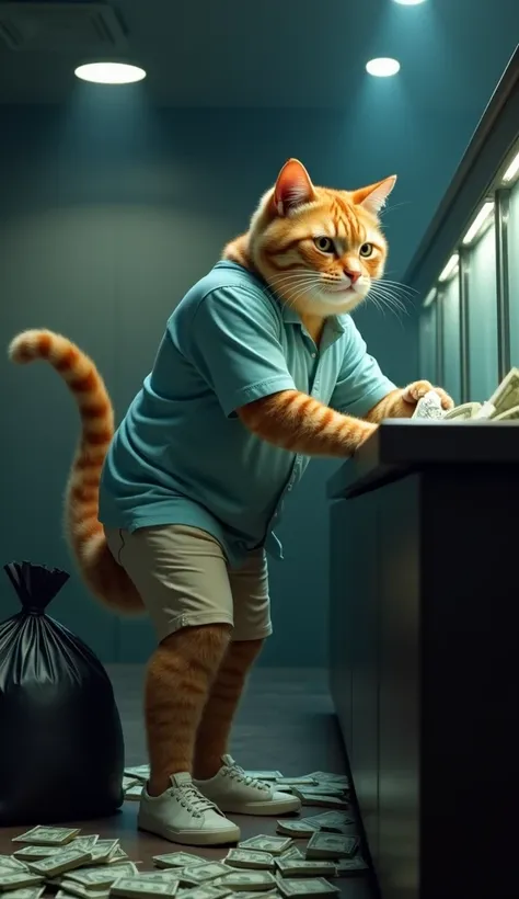 A tense and dramatic scene featuring a mature humanoid orange-striped cat inside a dimly lit bank. The cat is dressed in a light blue short-sleeved shirt and beige shorts, counting bundles of cash with a focused and determined expression. A large black bag...