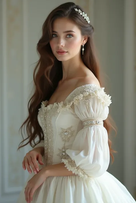 Standing girl with very long brown hair wearing a 19th century white wedding dress with jewels 