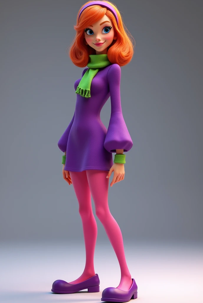 Daphne Blake (Scooby-doo) with shoulder-length red hair wearing a purple mini dress with long sleeves, pink tights, purple shoes, a green scarf, and a purple plastic headband in pixar style 