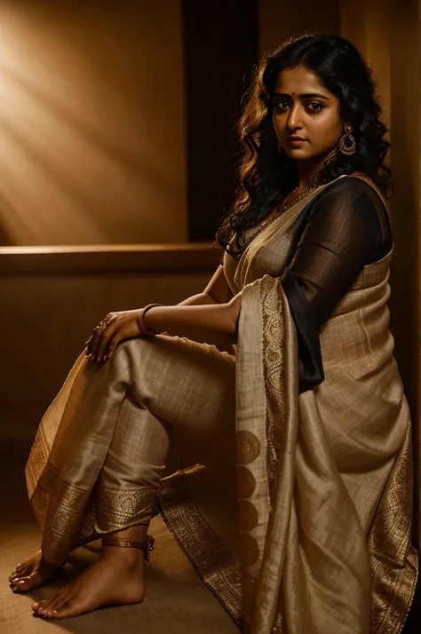 Looks like Anushka Shetty, a photo portrait of a beautiful girl with curls, styled black hair, (face portrait:1.5), dramatic light, Rembrandt lighting scheme, bust shot, linen tank top , lebanese house wife in saree