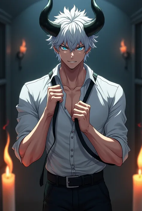  capture of panta
Anime My Hero Academia
young man , White-haired and light blue eyes  , black horns with attractive black outline, handsome, muscular beautiful ,  jealous look
wearing a white button-down shirt with the last buttons unbuttoned , black dres...