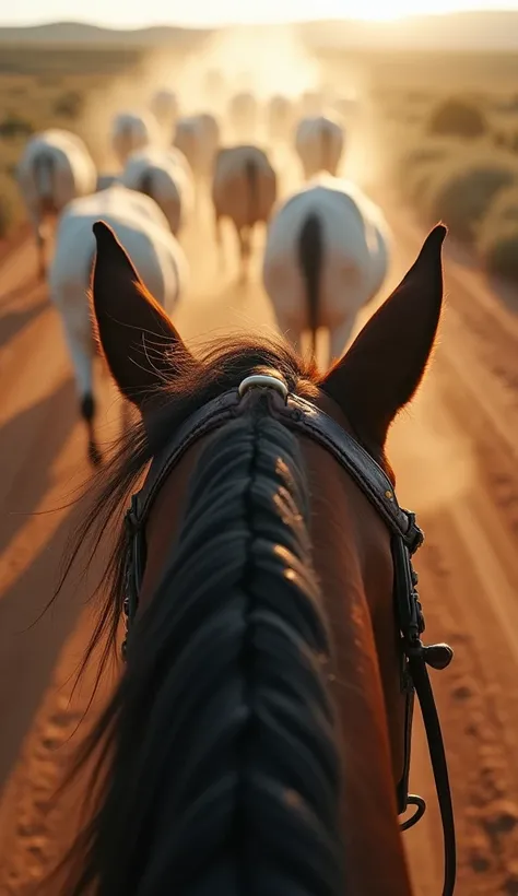 A realistic depiction of a cowboys perspective while herding Nelore cattle: the focus is on the back of the horses head, showcasing its dark mane flowing slightly to the side, and the detailed leather bridle in view. The perspective makes it feel as if the...