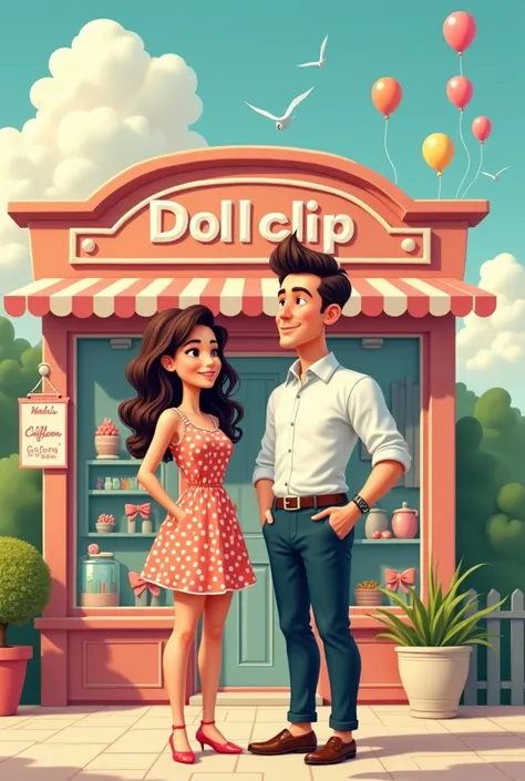 A male teacher stands with a female model in front of a doll-clip shop. Cartoon image