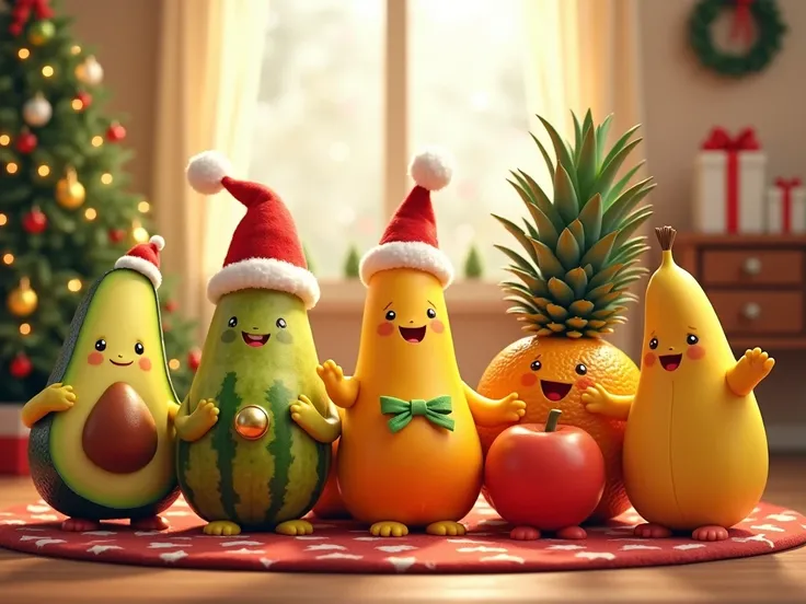 make cute avocados,banana,orange,watermellon,pineapple,apple, with hands and feet in a christmas theme costume