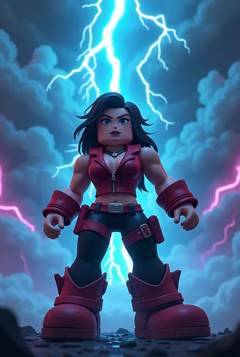 make a female roblox character with a dangerous thunder storm in roblox style