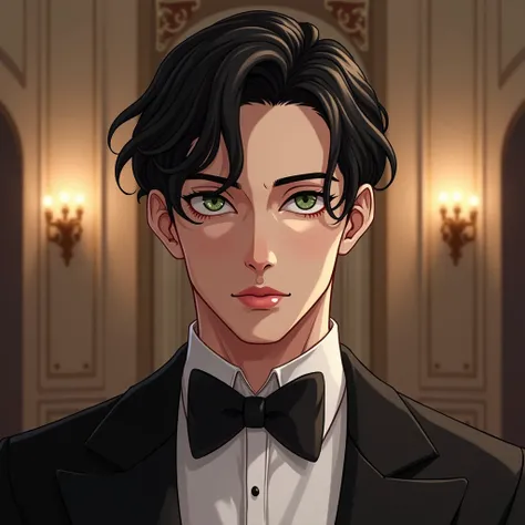  Semi-Realistic Anime Drawing Style ,   A handsome man with European features  ,   black hair ,   white skin ,   Thick red lips ,   long eyelashes  , very muscular body ,   detailed facial features  , He is totally serious,   Beautiful and Detailed Eyes  ,...