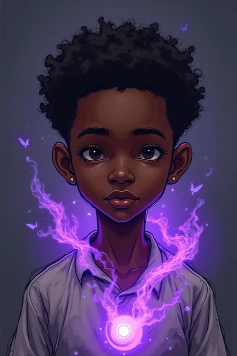 A sketched cover showing an all-black boy with a purple aura around him and his eyes too