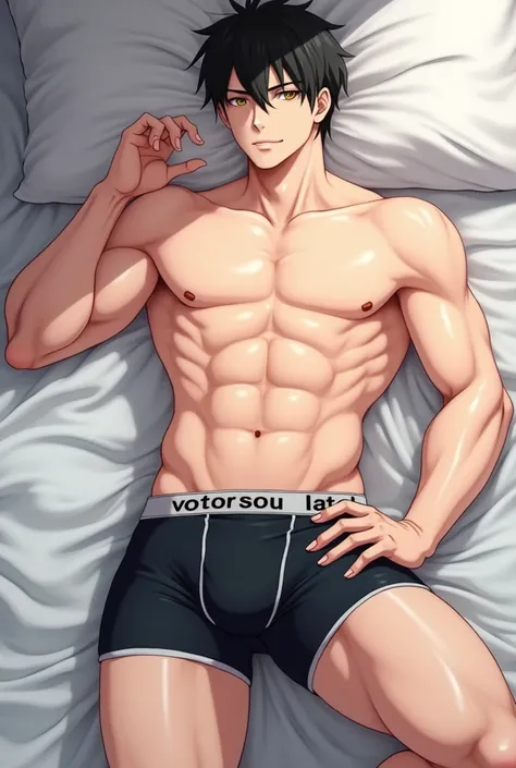 Handsome white anime boy lying in boxer shorts to have his penis marked 