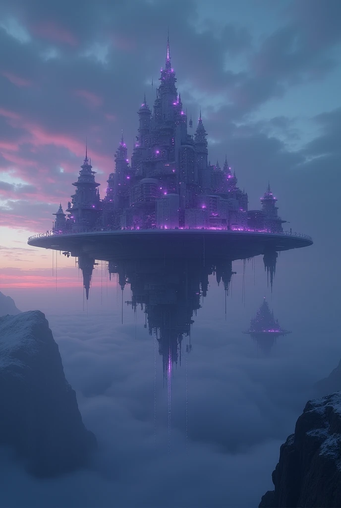  Floating City in the skies

• Aesthetic : Opaque structures , almost invisible,  with scattered purple lights and a dense atmosphere.

• Location :  hanging over the Arctic Circle ,  where darkness predominates for months .