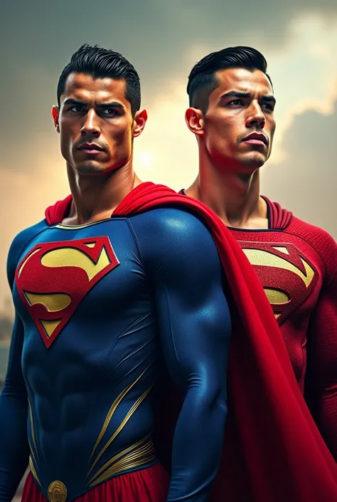 Create an image from the front looking at the camera  ,  of Cristiano Ronaldo dressed as Superman with the Chilean Alexis Sanchez