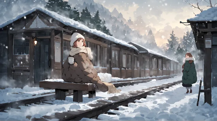 A young girl sitting on a wooden bench at an old train station, surrounded by thick snow. She’s bundled up in a puffy coat and a knitted scarf, holding a steaming cup of tea. The train tracks stretch into the distance, and soft snowflakes fall gently aroun...