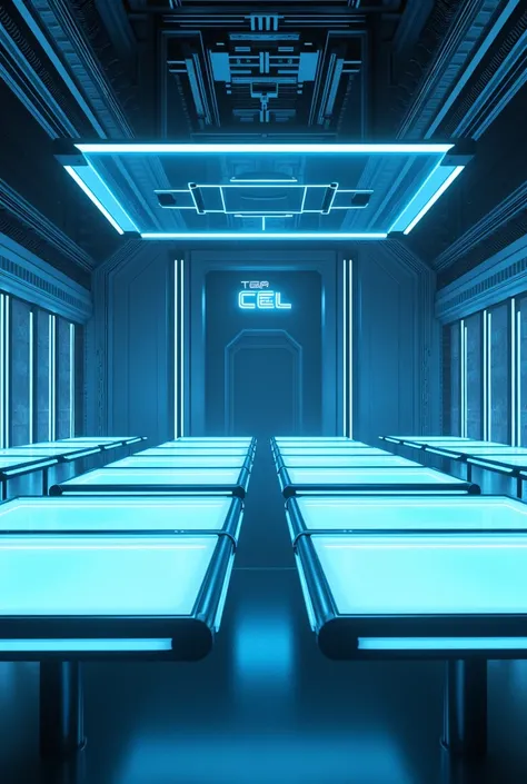 A large technological room with very futuristic neon glass tables and just above an LED plate with the name (TOP CEL)