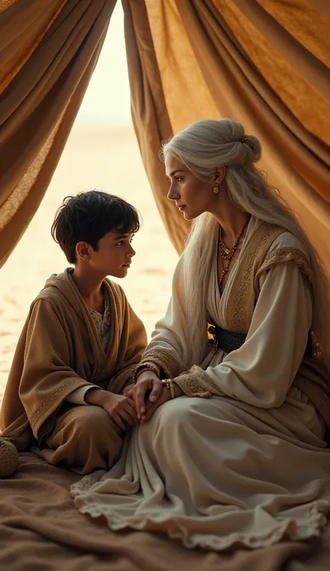 Create a hyper realistic image of an elegant M6 long white haired Hebrew woman with a  dark-haired Arab boy wearing ancient Hebrew clothes are sitting inside a tent in the desert