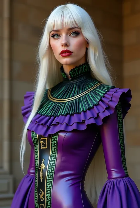  A realistic photo of the whole body from head to foot must include the complete dress from head to foot， A young Russian woman standing ，190 cm high ， big  but thin waist ，Pure white hair ，Very long hair ，The latex dress, inspired by the Egyptian god Anub...