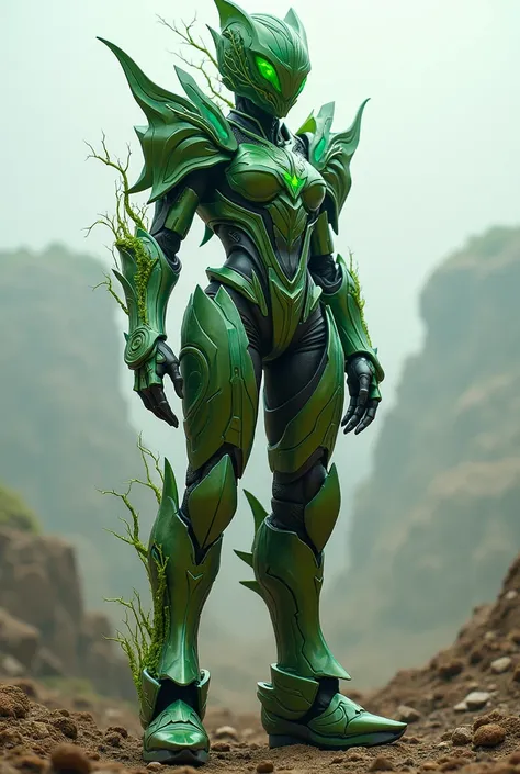 **(( create an image about a character walking in an apocalyptic landscape ))**  A female Kamen Rider from imposing and futuristic appearance ,  dressed in monstrous armor that incorporates natural and mechanical elements . The armor,  symbolizing the numb...