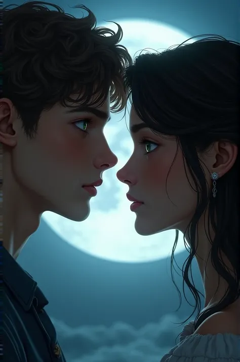 A 17-year-old man ,  light brown and green eyes , Face to face with a woman from 


 ,  brunette with brown eyes .  Their eyes are ,  intense and deep with a full moon background. Their faces, illuminated by night ,