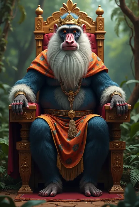 Rafiki baboon sitting on the throne with a crown on his head 